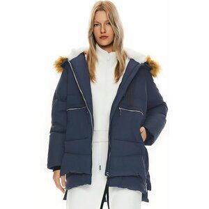 Women's Navy Faux Fur Trim Clothing Down Vest Jacket Warm Fleece Lined Hood